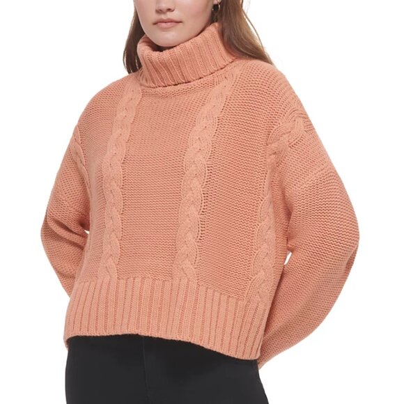 CALVIN KLEIN Jeans Cable Knit Turtleneck Long Sleeve Sweater Tan L Large - Picture 1 of 7